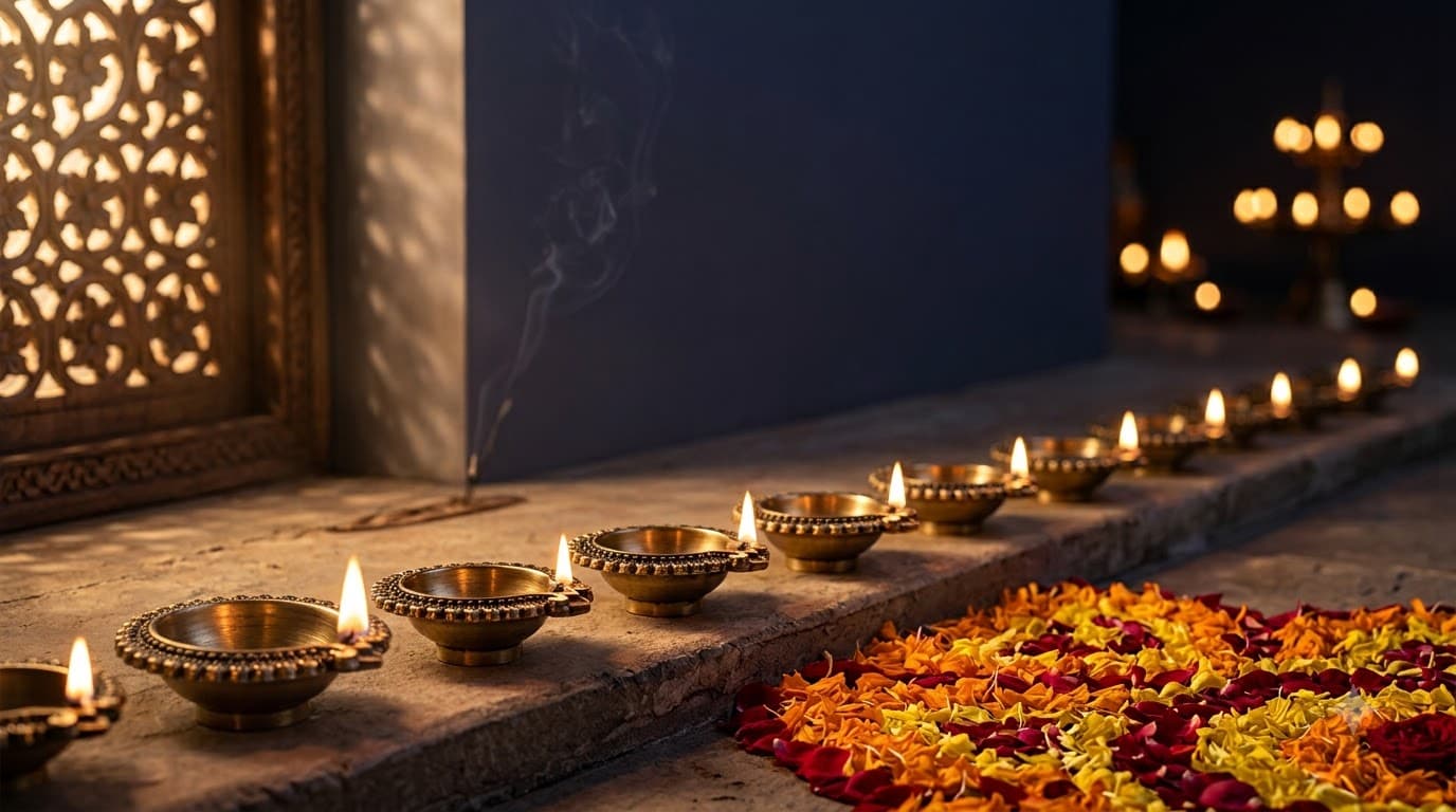 Rows of lit brass diyas at dusk